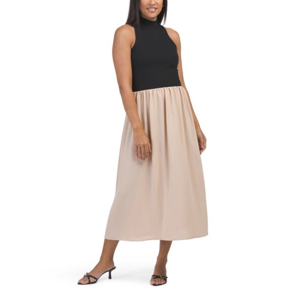 KALI FASHIONS Black/beige Mock Neck Mixed Media Maxi Dress - Picture 1 of 2